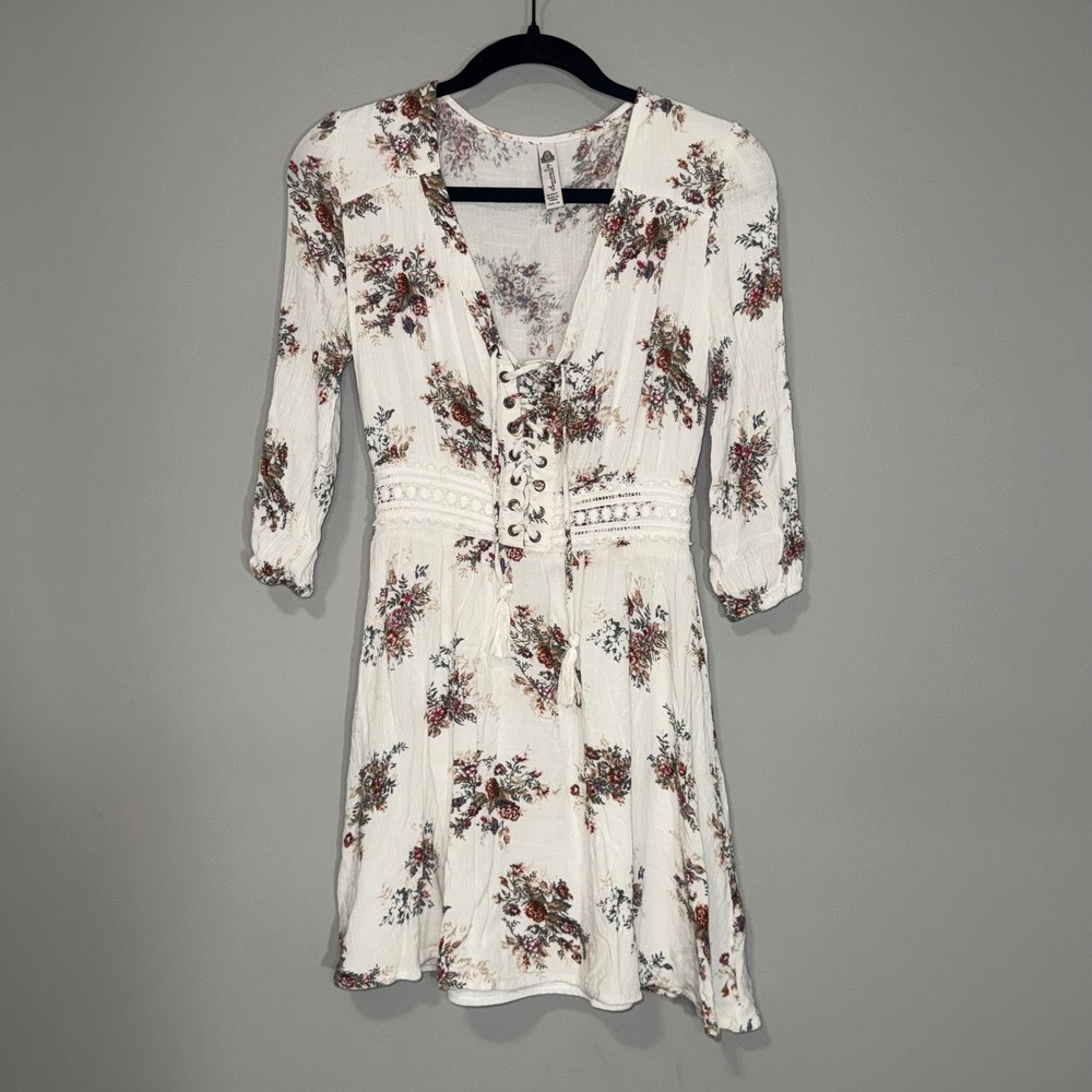 American Rag Womens Floral Boho Mini Dress White Lace Up V-Neck XS 3/4 Sleeve